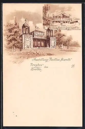 Lithographie Berlin-Treptow, Ausstellungs-Pavillon Sarotti, Cacao-Zelt mit Bootanlegestelle