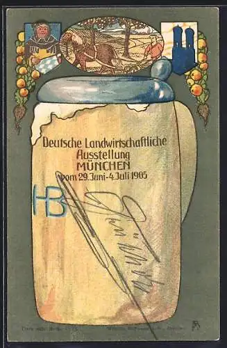 AK München, Deutsche Landwirtschaftliche Ausstellung 1905, Bierkrug