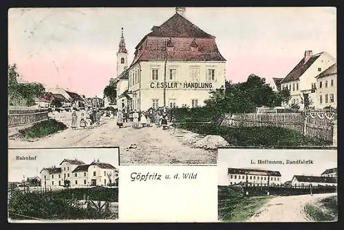AK Göpfritz a. d. Wild, Bandfabrik L. Hoffmann, C. Essler`s Handlung, Bahnhof