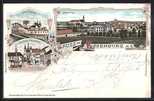 Lithographie Eggenburg /N.Ö., Stadtplatz u. Pfarrkirche, Altes Schloss, Ortsansicht