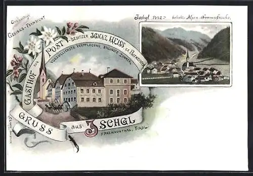 Lithographie Ischgl i. Paznaunthal, Gasthof zur Post, Gesamtansicht