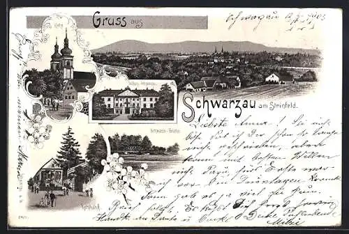 Lithographie Schwarzau am Steinfeld, Kirche, Schloss, Gasthaus Roththalhof, Schwarza-Brücke