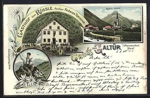 Lithographie Galtür, Gasthof zum Rössle v. Fr. Anton Türtscher, Ortsansicht