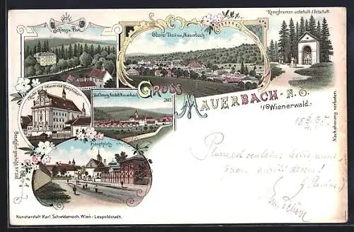 Lithographie Mauerbach /N. Ö., Städt. Versorgungs-Anstalt, Kirche, Kreuzbrunnen Schloss und Park