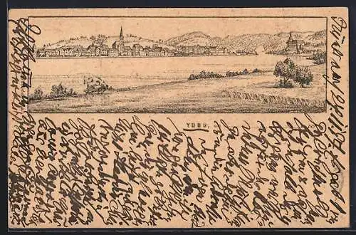 Lithographie Ybbs, Totalansicht über den Fluss