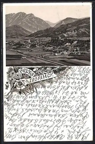 Lithographie Trofaiach, Totalansicht gegen die Berge
