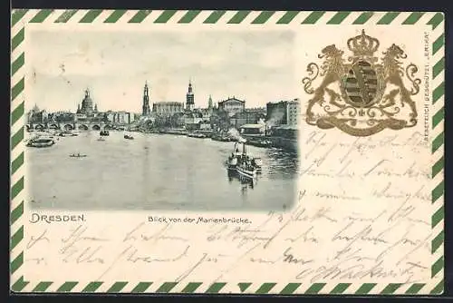AK Dresden, Blick von der Marienbrücke mit geprägtem Wappen