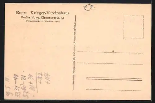 AK Berlin, Grosser Festsaal vom Ersten Krieger-Vereinshaus N. 39, Chausseestr. 94