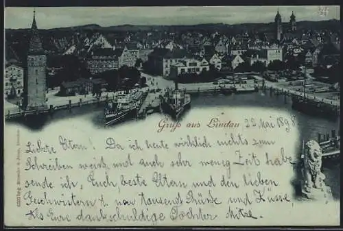 Mondschein-AK Lindau / Bodensee, Blick auf den Ort mit Hafen