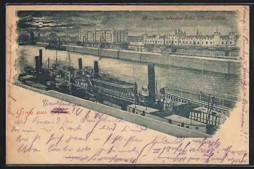 AK Köln, Neuer Hafen bei Mondschein