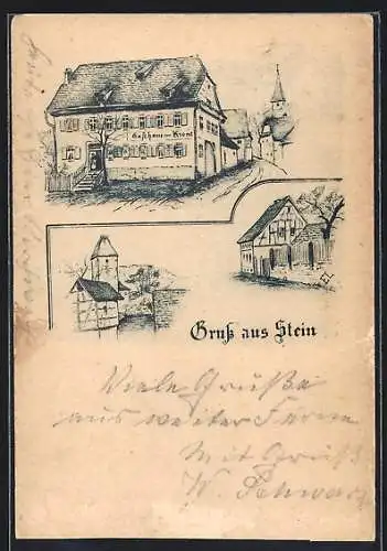 Lithographie Stein / Bretten, Gasthaus zur Krone, Ortspartie