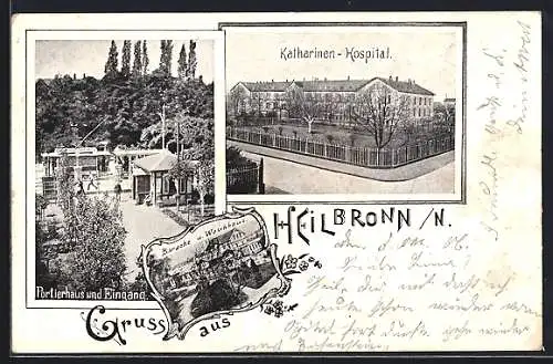 AK Heilbronn /N., Katharinen-Hospital, Portierhaus und Eingang, Baracke und Waschhaus