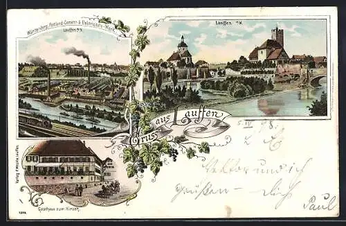 Lithographie Lauffen / Neckar, Gasthaus zum Hirsch, Württemberg. Portland-Cement- & Elektrizitäts-Werk