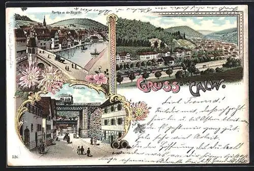 Lithographie Calw, Partie an der Nagold, Viaduct, Ortsansicht aus der Vogelschau