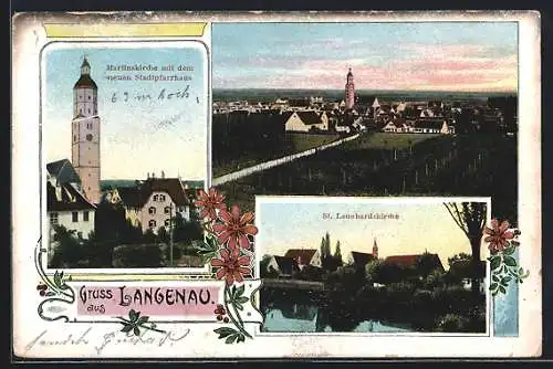 AK Langenau / Württ., Martinskirche mit dem neuen Stadtpfarrhaus, St. Leonhardskirche, Totalansicht