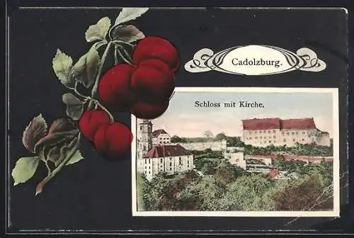 AK Cadolzburg, Schloss mit Kirche, Kirschen im Passepartout
