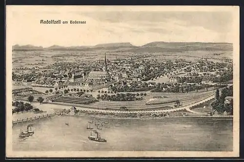 AK Radolfzell, Bahnhof mit Gesamtansicht der Stadt aus der Vogelschau, Dampfer, Eisenbahn