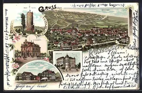 Lithographie Künzelsau, Bahnhof und Restaurant, K. Postamt, Seminar