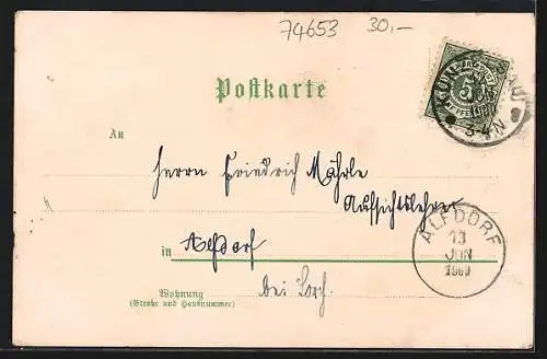 Lithographie Künzelsau, Bahnhof und Restaurant, K. Postamt, Seminar