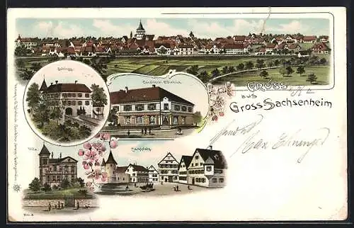 Lithographie Gross-Sachsenheim, Conditorei C. Dietrich, Schloss, Villa, Marktplatz, Totalansicht