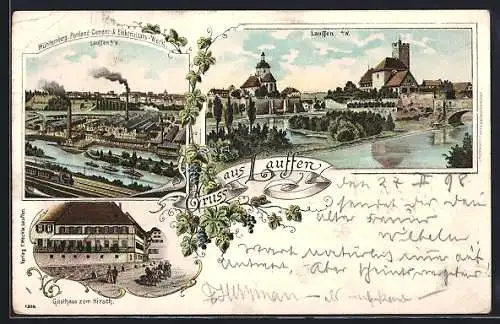 Lithographie Lauffen / Neckar, Gasthaus zum Hirsch, Württemberg. Portland-Cement- & Elektrizitäts-Werk