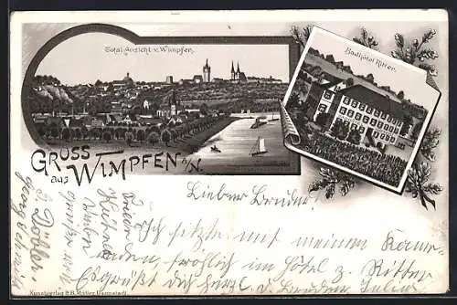 Lithographie Wimpfen a. N., Badhotel Ritter, Totalansicht der Stadt