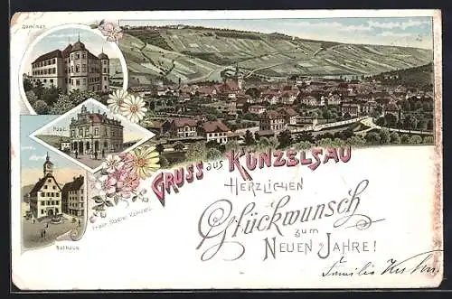 Lithographie Künzelsau, Rathaus, Post, Seminar, Totalansicht, Neujahrskarte