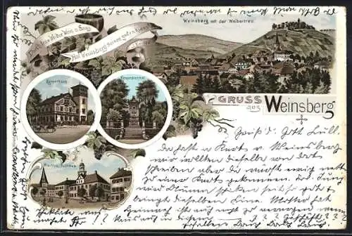 Lithographie Weinsberg, Kernerhaus, Kernerdenkmal, Markt und Rathaus, Totalansicht mit der Weibertreu