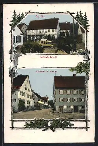 AK Gründelhardt, Gasthaus zurm Hirsch, Geschäftshaus Georg Utz
