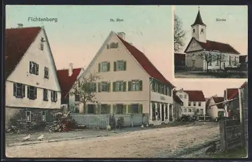AK Fichtenberg / Württ., Geschäftshaus Th. Röck, die Kirche