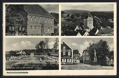 AK Neckarbischofsheim, Gasthaus zum Hirsch, Fünfeckiger Turm, Marktplatz, Schwimmbad