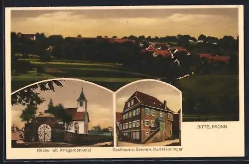 AK Bittelbronn / Heilbronn, Totalansicht, Kirche mit Kriegerdenkmal, Gasthaus zur Sonne