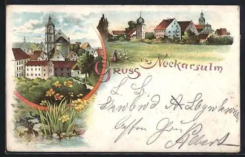 Lithographie Neckarsulm, Teilansicht mit der Kirche, Ortsansicht vom Feld aus