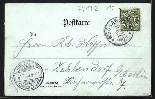 Lithographie Neckarsulm, Teilansicht mit der Kirche, Ortsansicht vom Feld aus