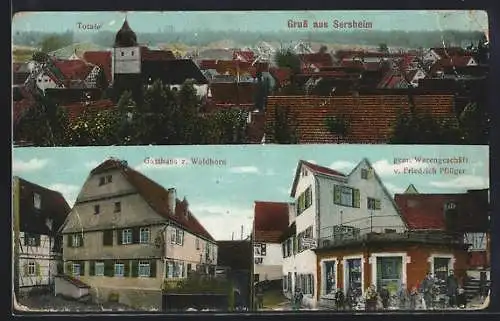 AK Sersheim, Gasthaus zum Waldhorn, Gemischtwarengeschäft v. Friedrich Pflüger, Totalansicht