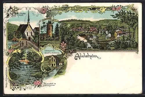 Lithographie Adelsheim, St. Jakobs Kirche, alter Schlossturm, Electrizitätswerk, Ortsansicht