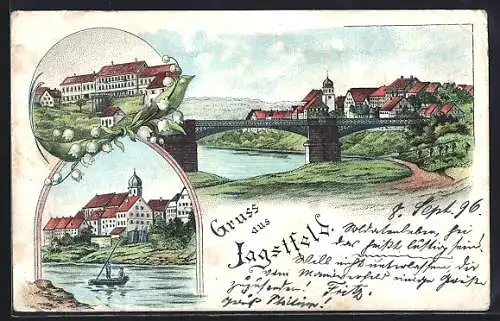 Lithographie Jagstfeld, Teilansicht mit Brücke, Uferpartie und Boot, Ortspartie