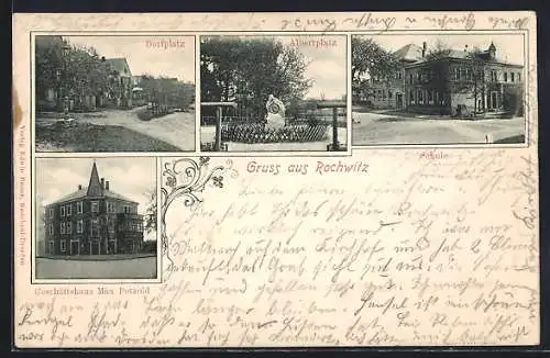 AK Dresden-Rochwitz, Geschäftshaus Max Petzold, Dorfplatz, Albertplatz, Schule