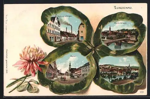 Passepartout-Lithographie Lunzenau, Rathaus und Königstrasse, Markt, Muldenbrücke