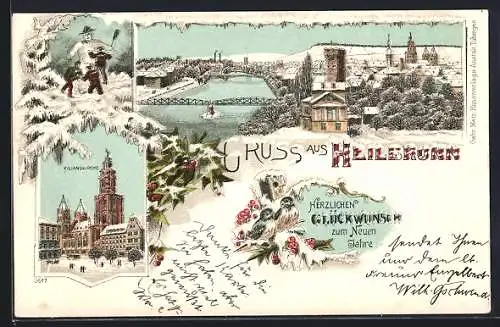 Winter-Lithographie Heilbronn, Kilianskirche, Kinder bauen einen Schneemann, Ortsansicht