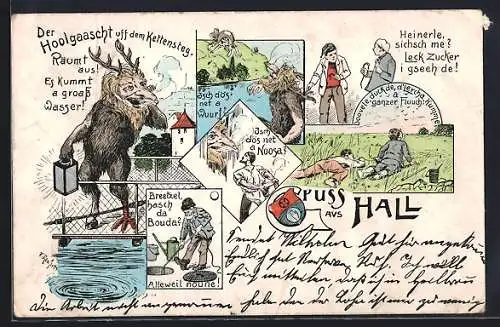 Künstler-AK Hall, Hoolgaascht uff dem Kettensteig, Mundart-Szenen, Werbung Hotel Lamm & Post R. Schlangenhauff