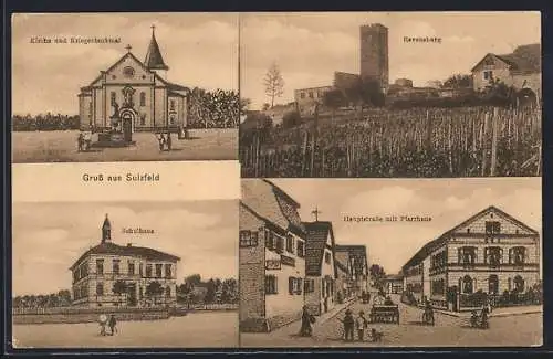 AK Sulzfeld / Baden, Hauptstrasse mit Pfarrhaus, Schulhaus, Kirche u. Kriegerdenkmal, Ravensburg
