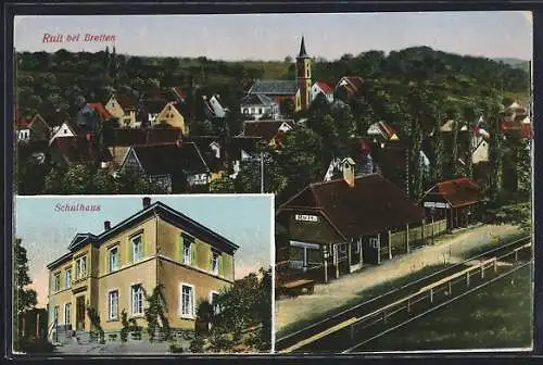 AK Ruit bei Bretten, Schulhaus, Totalansicht mit Bahnhof und Bahntsteig aus der Vogelschau