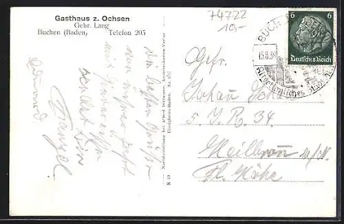 AK Buchen / Odenwald, Gasthaus zum Ochsen, Strassenpartie mit Stadtturm, Totalansicht