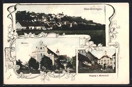 AK Ober-Elchingen, Eingang z. Klosterhof, Kirche, Ortspanorama