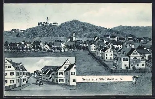 Künstler-AK sign. Hans Pernat: Altenstadt a. Iller, Strassenpartie mit Auto, Gesamtansicht mit Bergpanorama