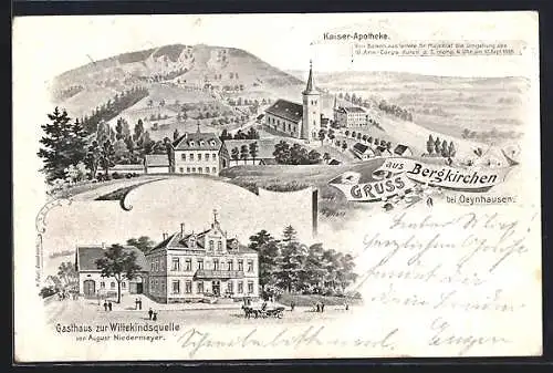 Künstler-AK Bergkirchen /Oeynhausen, Gasthaus z. Wittekindsquelle Niedermeyer u. Strasse, Ortsansicht m. Kaiser-Apotheke