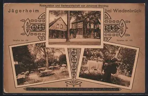 AK Wiedenbrück, Gasthaus Jägerheim J. Brentrup mit Garten und Gitarrenspieler