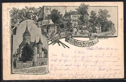 Lithographie Gross-Sachsenheim, Kirche, Schloss um 1900