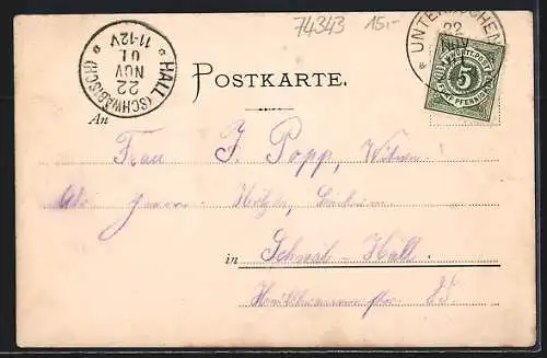 Lithographie Gross-Sachsenheim, Kirche, Schloss um 1900